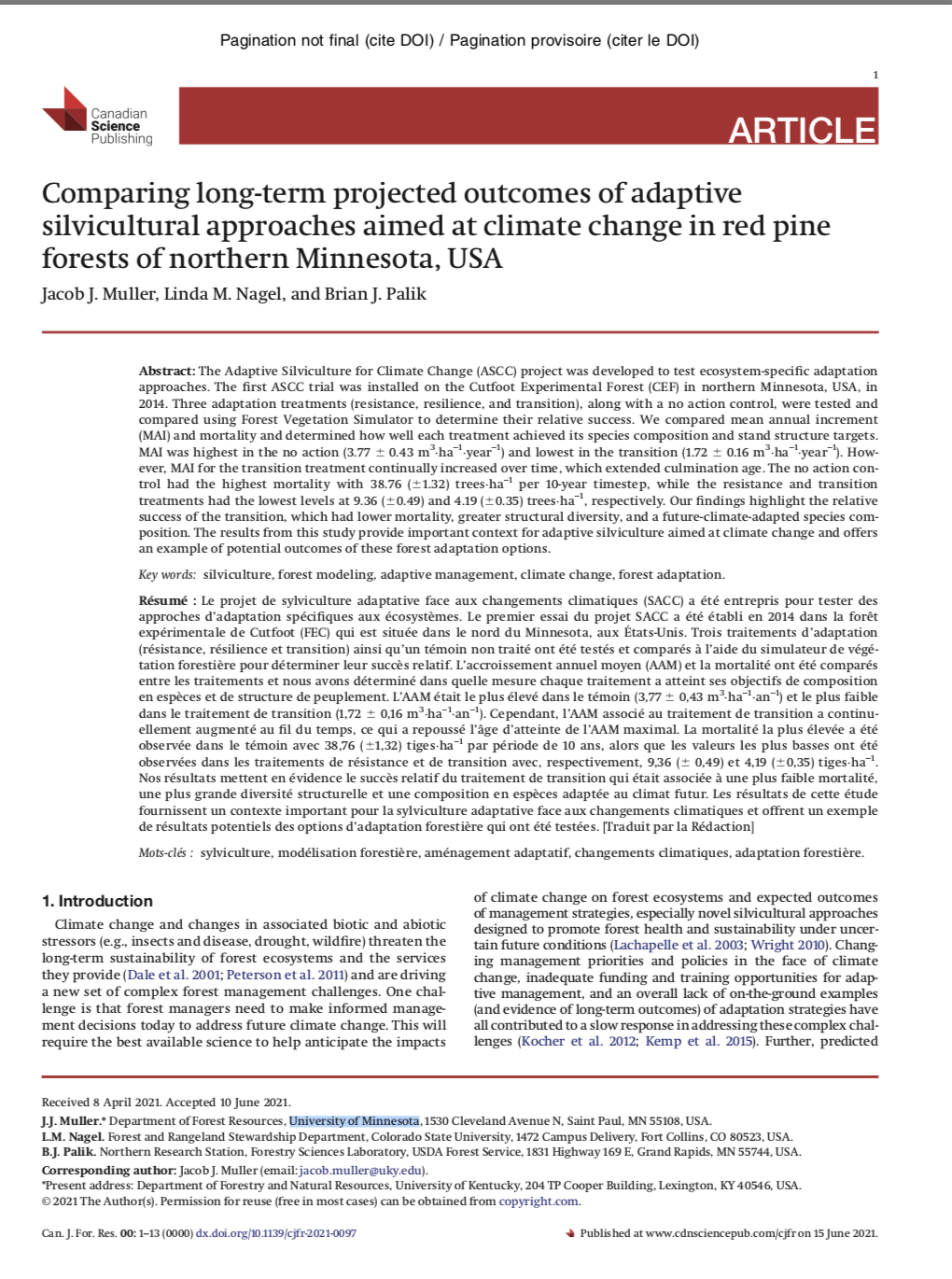 Comparing long-term projected outcomes of adaptive silvicultural approaches aimed at climate change in red pine forests of northern Minnesota, USA